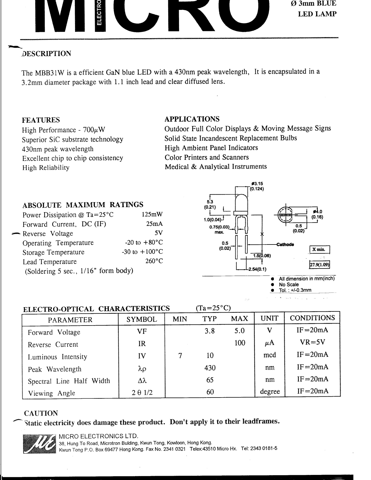 MICRO MBB31W Datasheet