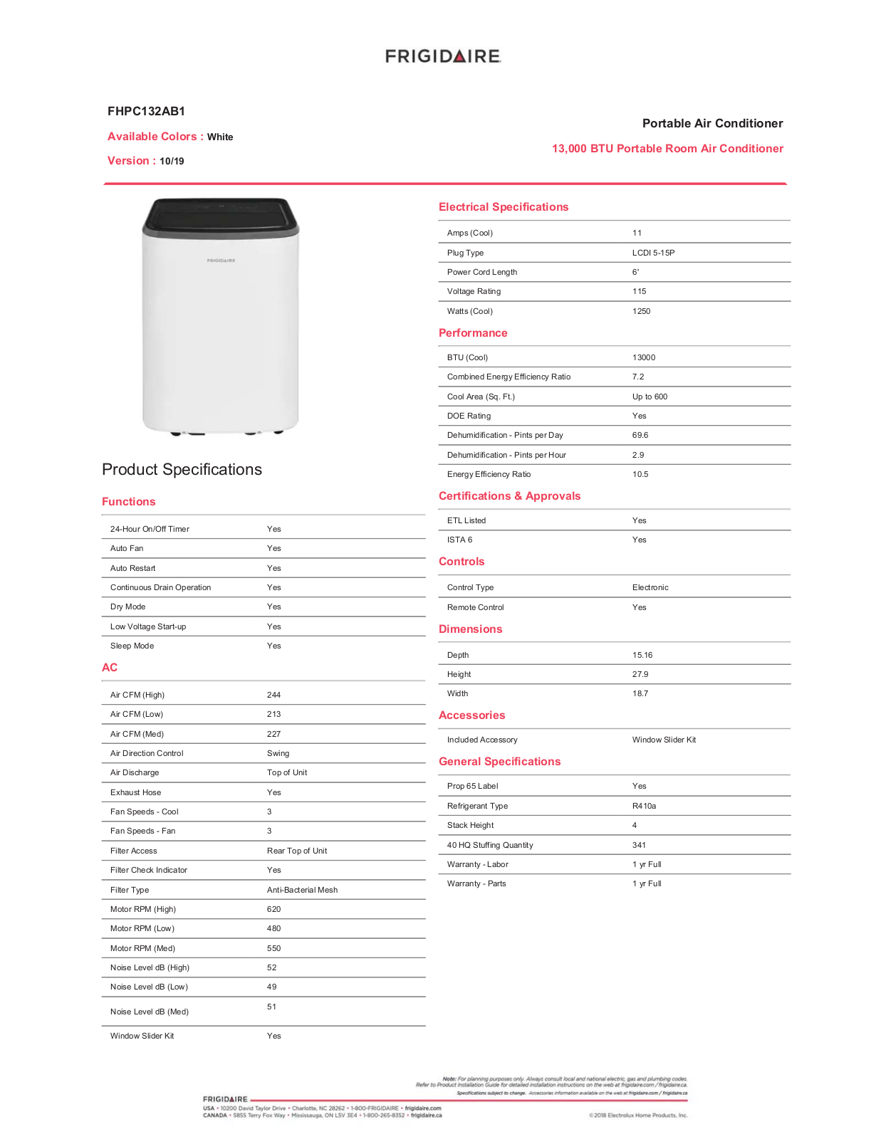 Frigidaire FHPC132AB1 Specifications