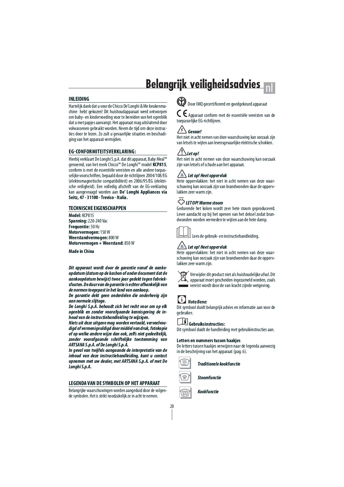 Delonghi KCP 815 CHICCO Instructions Manual