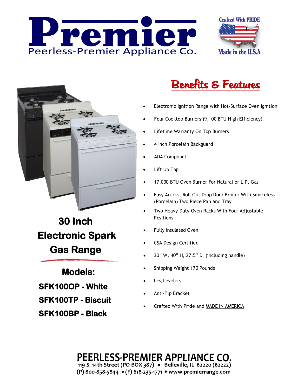 Premier SFK100OP, SFK100TP, SFK100BP Specifications - ManualMachine.com