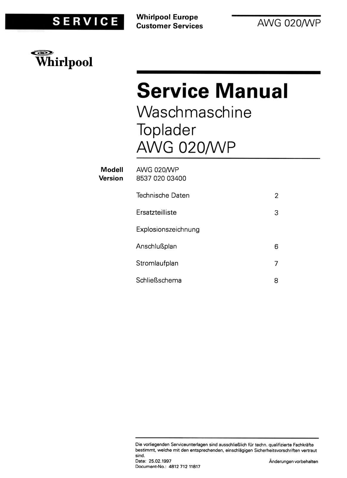 Whirlpool 8537 020 03400 Service Manual