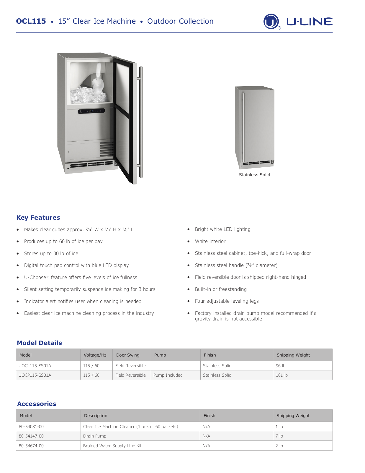 U-Line UOCP115SS01A Specifications