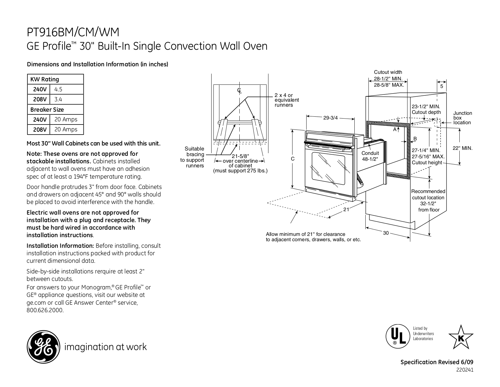 GE PT916CM, PT916WM Specification