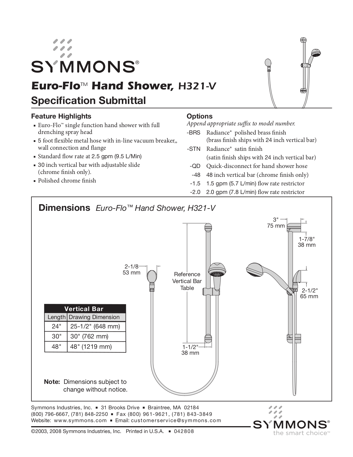 Symmons H321-V User Manual