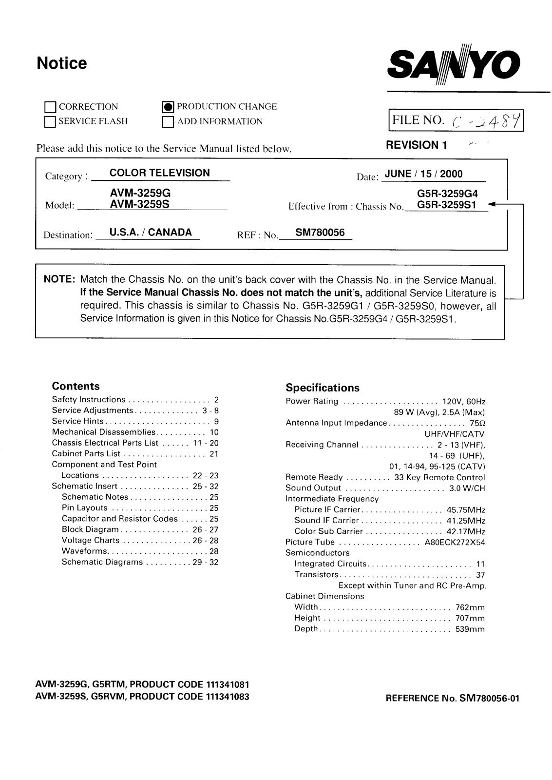 SANYO AVM3259S Service Manual