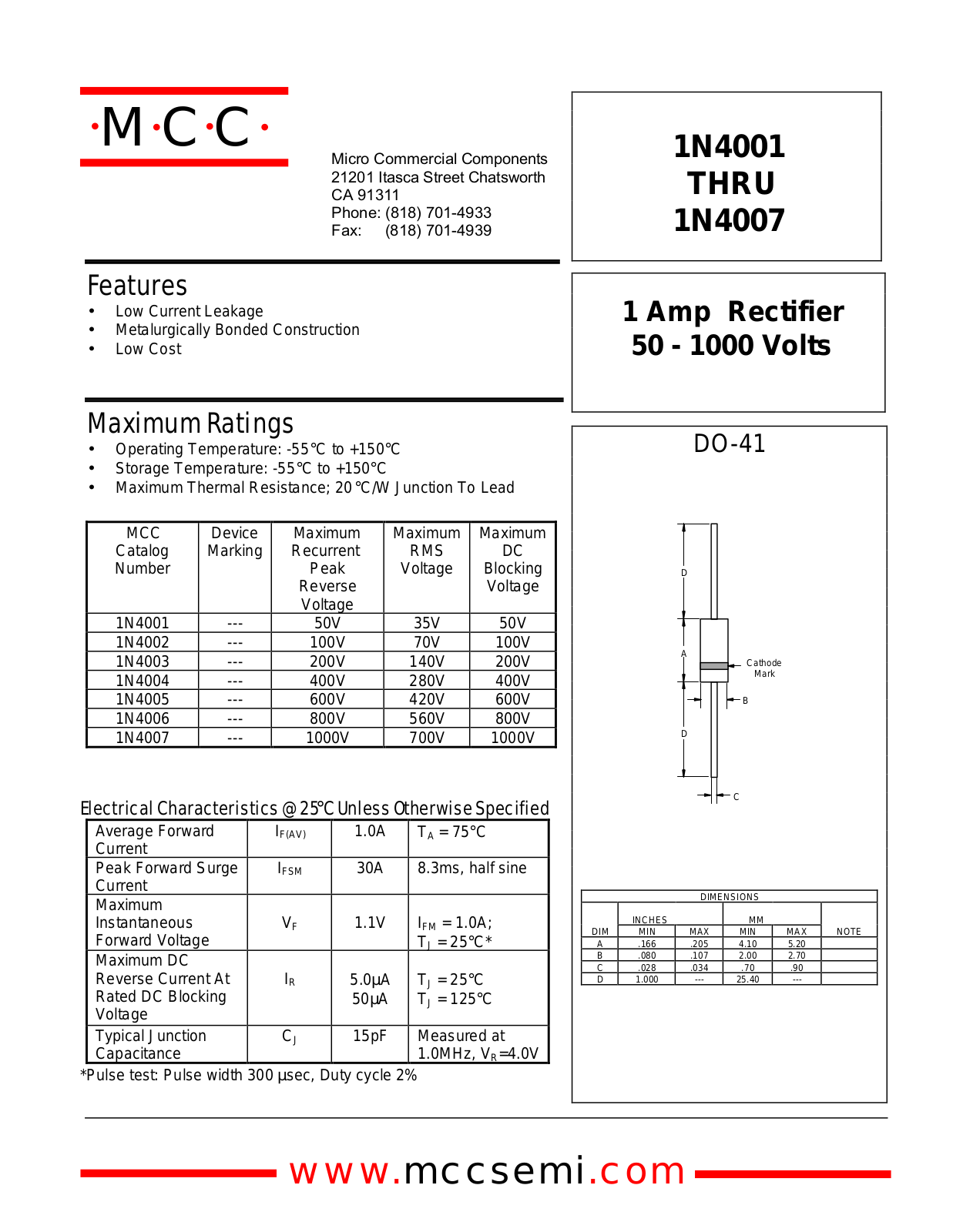 MCC 1N4007, 1N4006, 1N4005, 1N4004, 1N4003 Datasheet