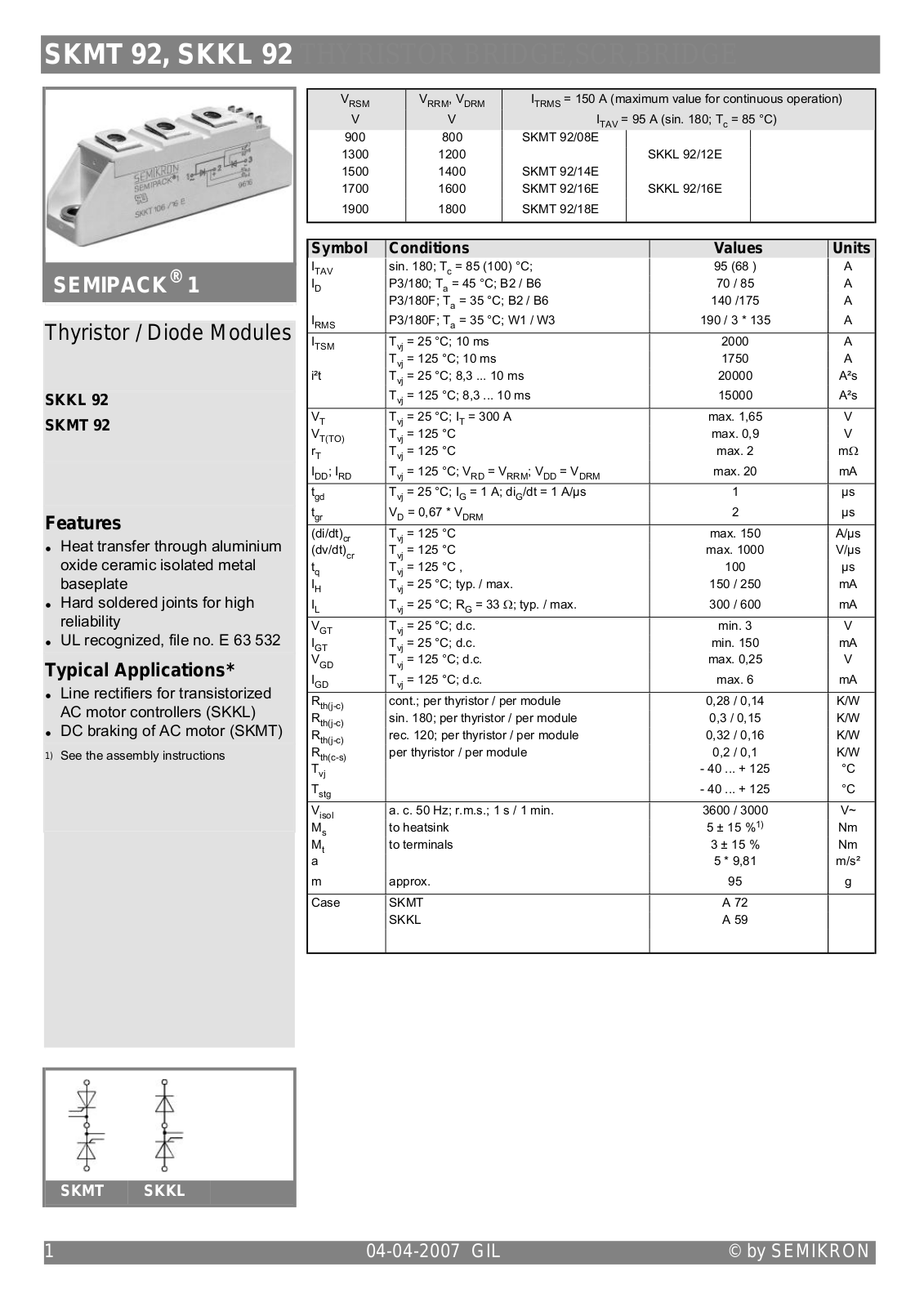 Semikron SKMT 92, SKKL 92 Data Sheet