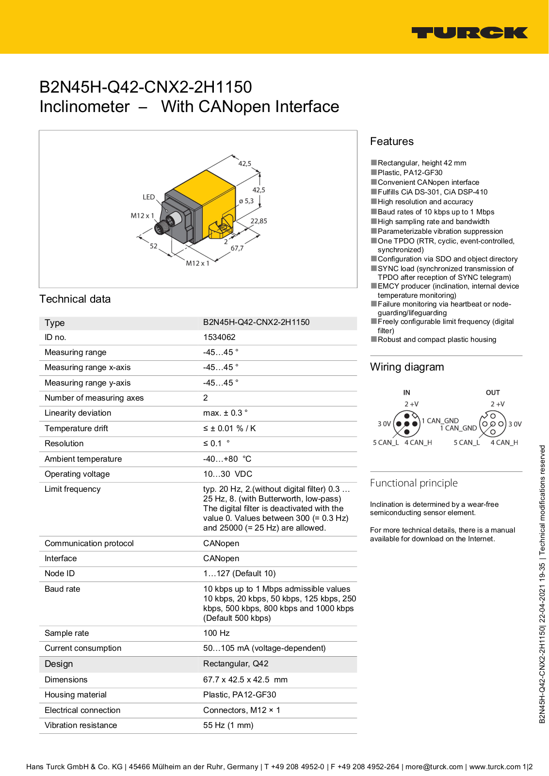 Turck B2N45H-Q42-CNX2-2H1150 Technical data