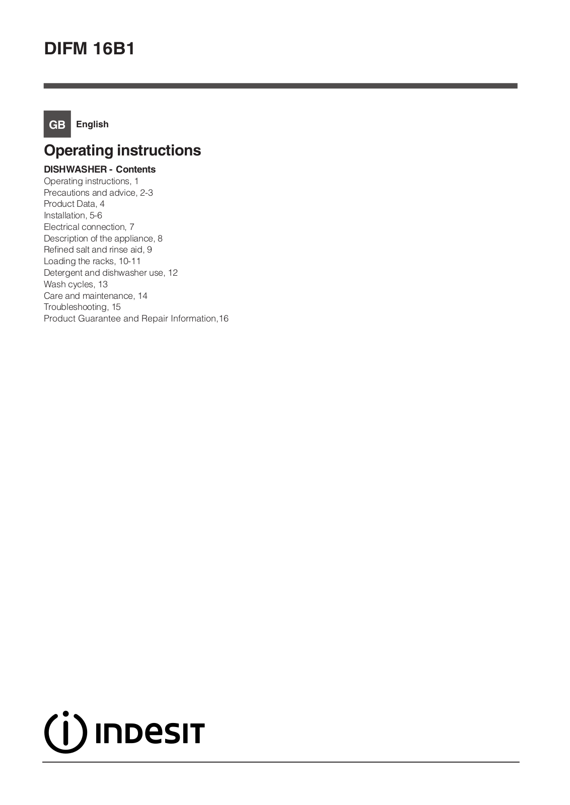 Indesit DIFM 16B1 Instruction booklet