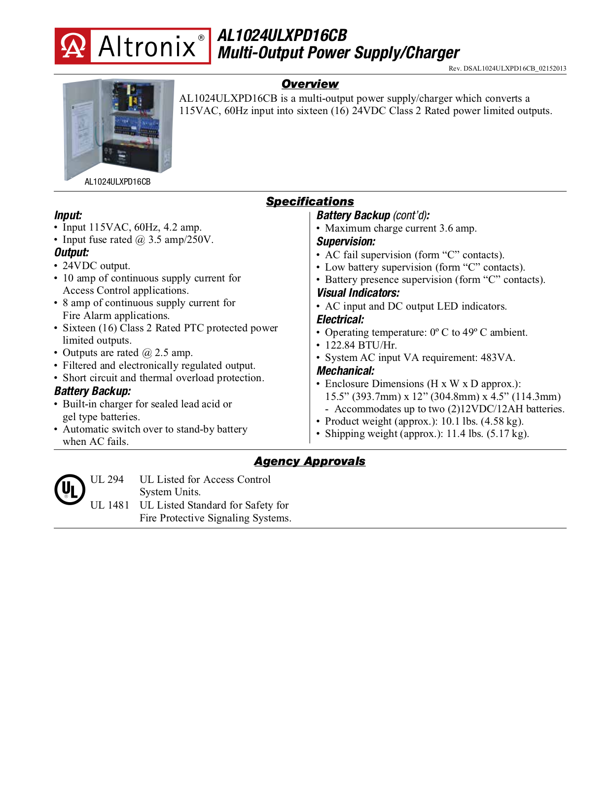 Altronix AL1024ULXPD16CB Specsheet