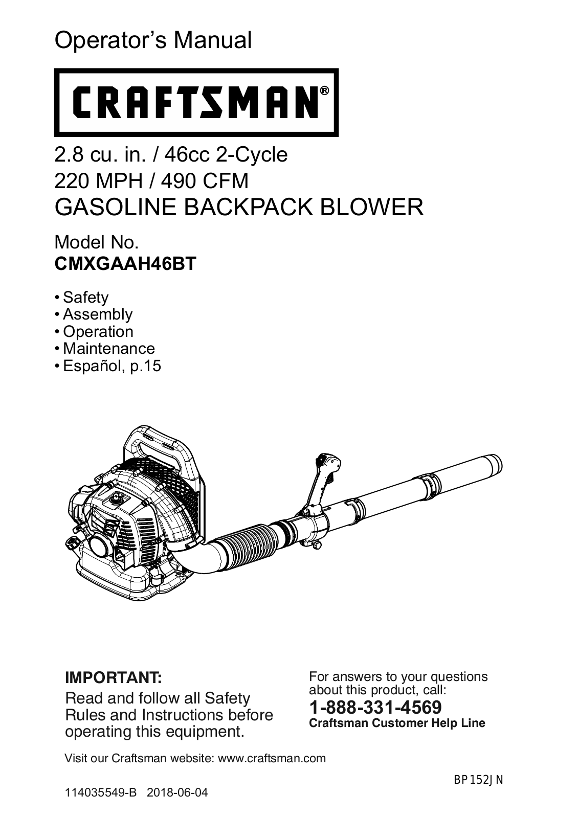 Craftsman CMXGAAH46BT Operator's Manual