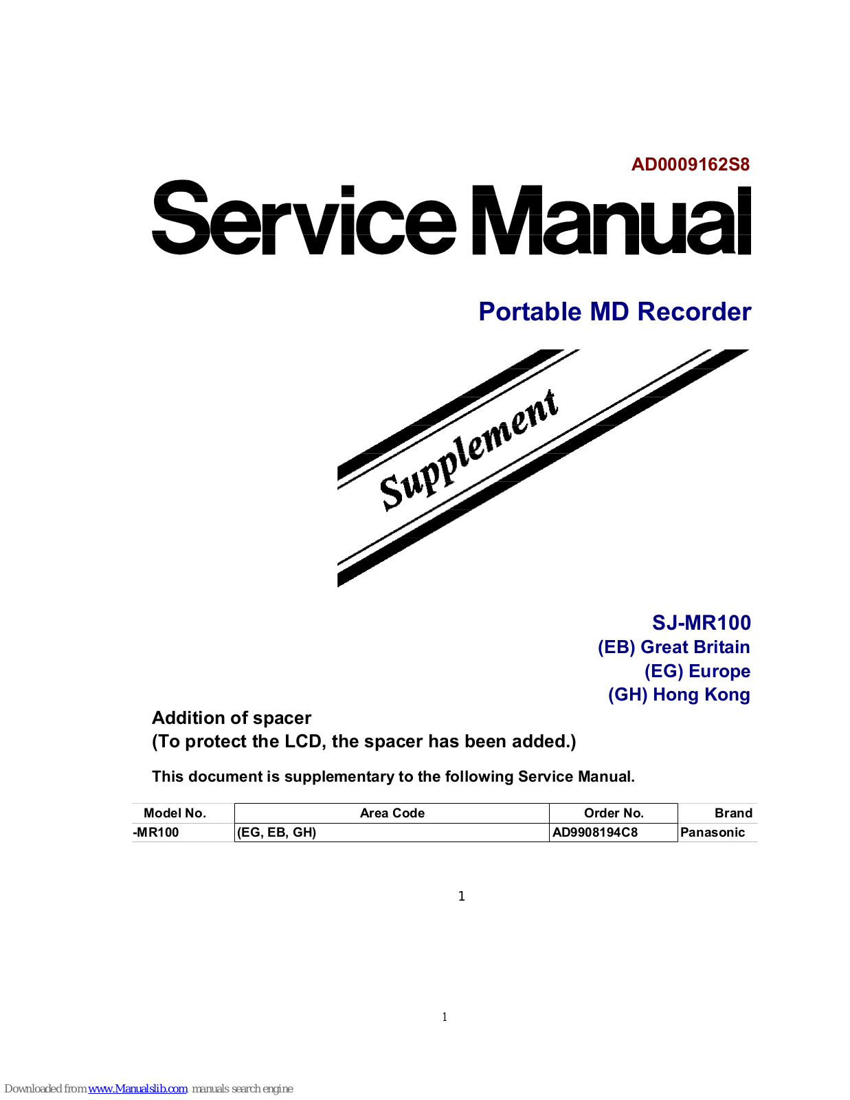 Panasonic AD0009162S8, SJ-MR100 Service Manual