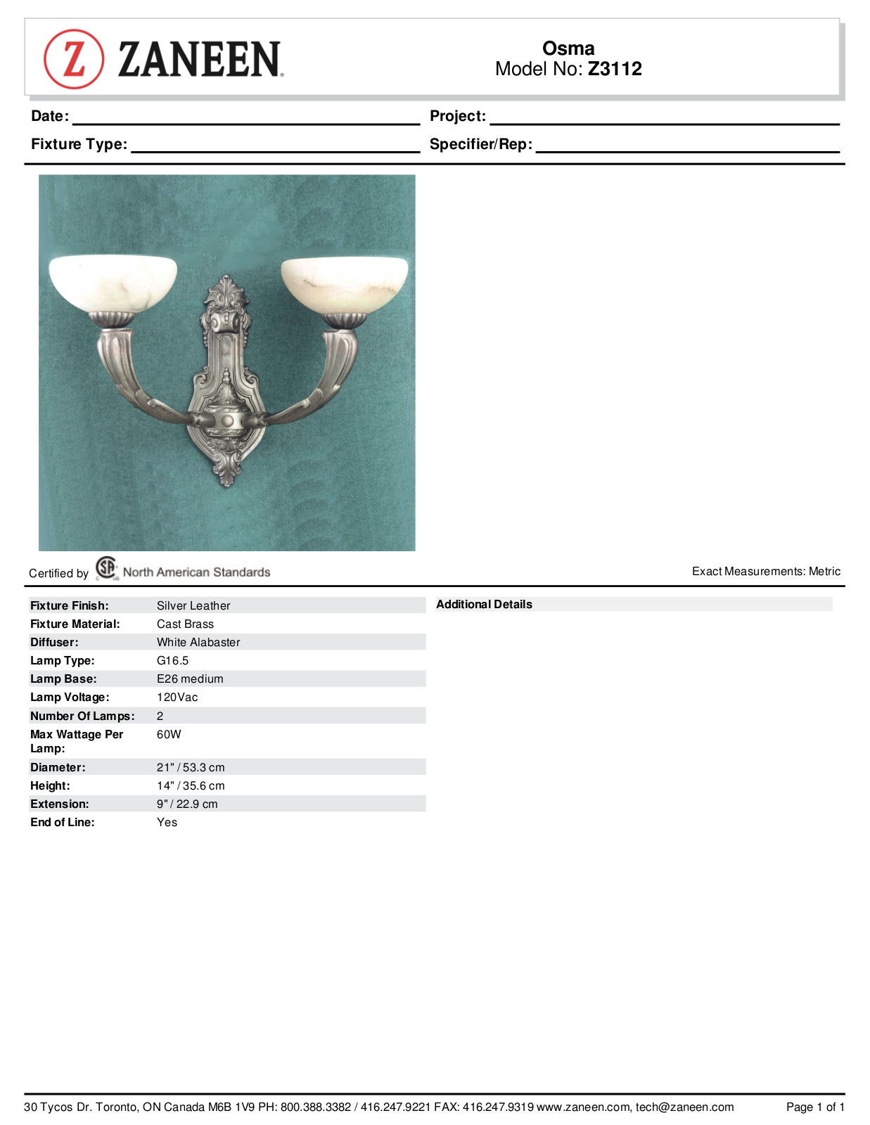 Zanin Lighting Inc. ZN1634 Specifications - ManualMachine.com