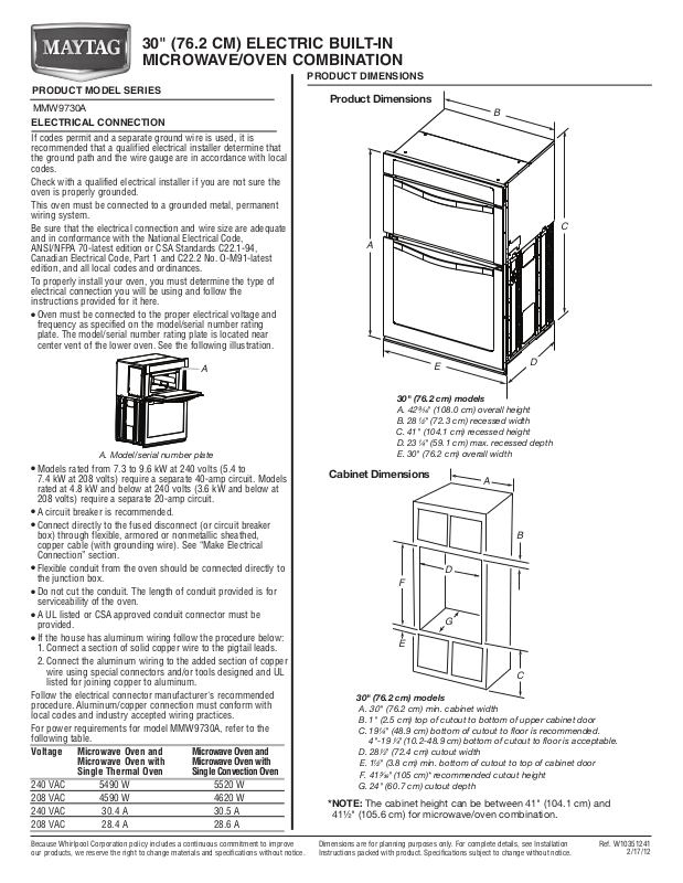 Maytag MMW9730AB, MMW9730AW, MMW9730AS Dimension Guide