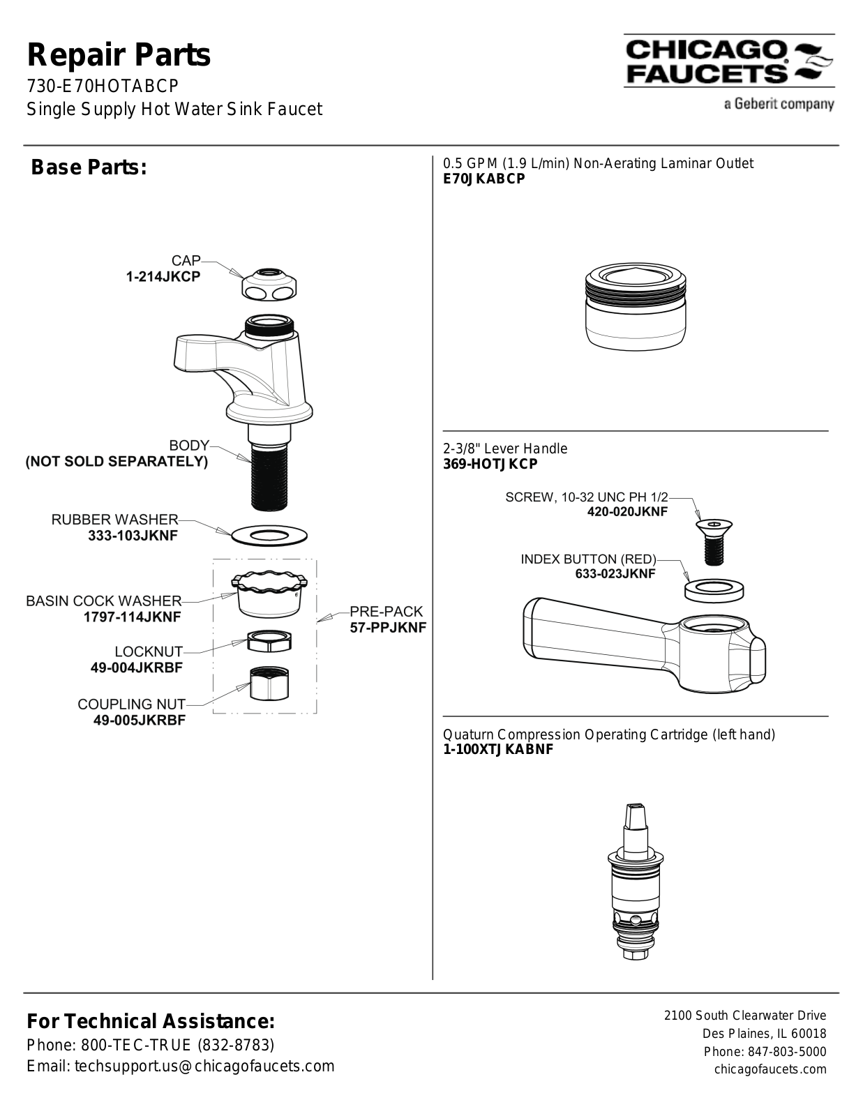 Chicago Faucet 730-E70HOTABCP Parts List