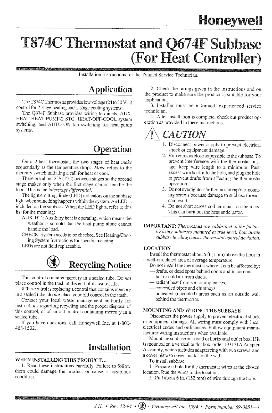 Honeywell Q674F User Manual