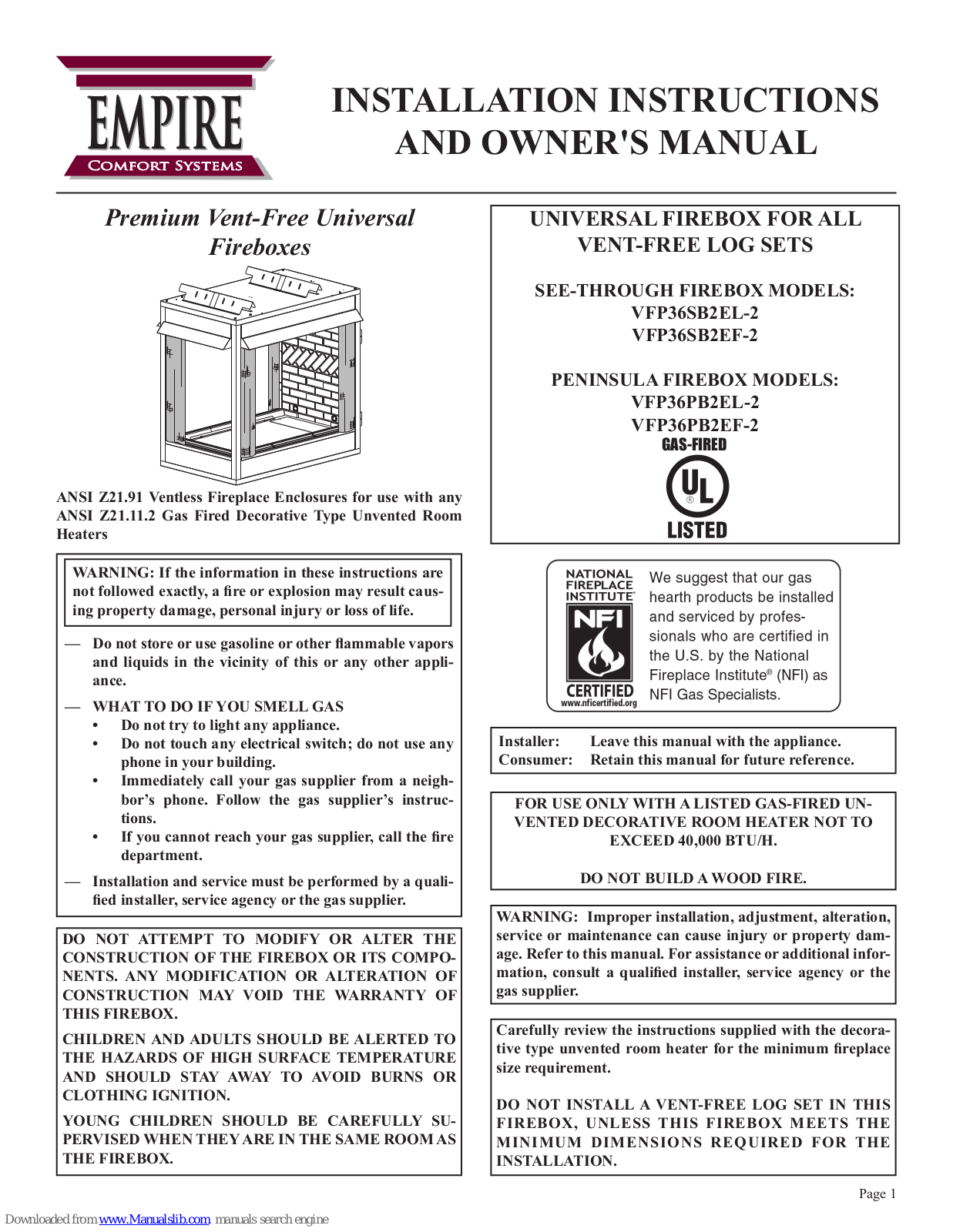 Empire VFP36SB2EL-2, VFP36SB2EF-2, VFP36PB2EL-2, VFP36PB2EF-2 Installation Instructions And Owner's Manua