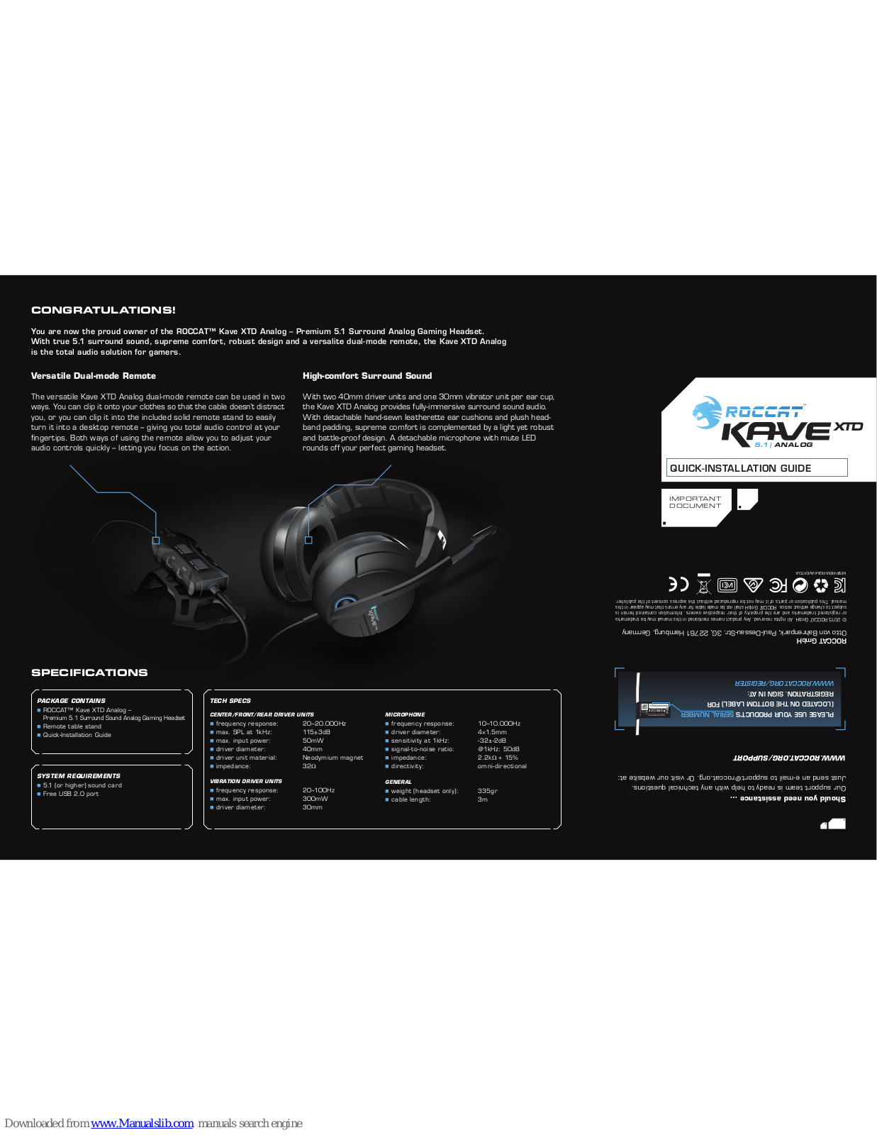 Roccat KAVE XTD 5.1. ANALOG, ROC-14-900 Quick Installation Manual