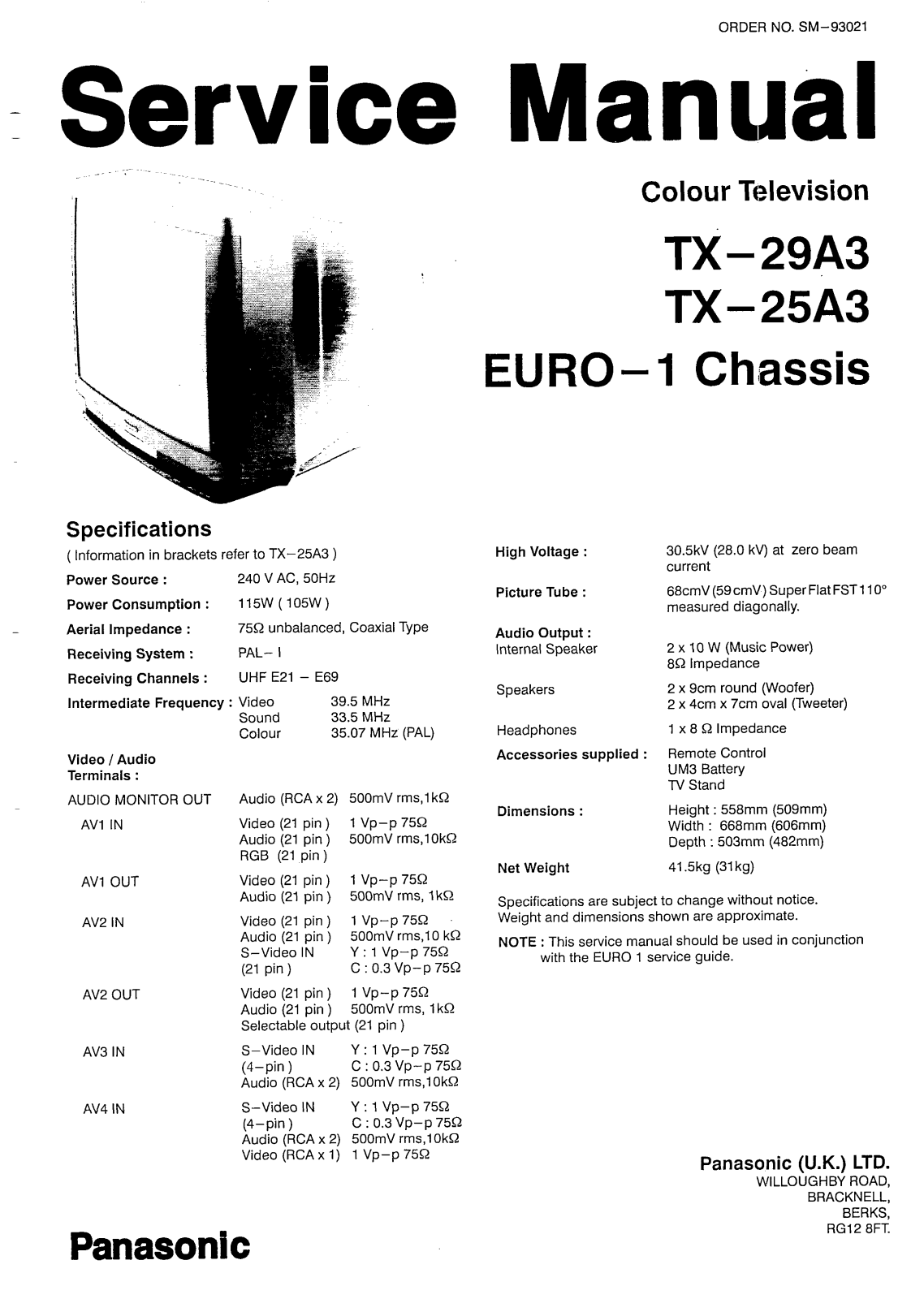 Panasonic TX-25A3, TX-29A3 Schematic