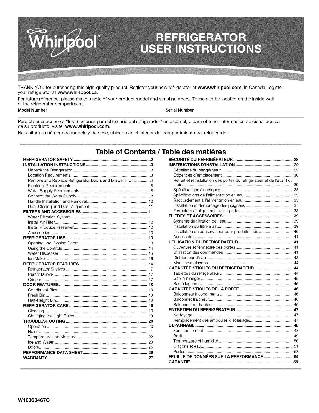 Whirlpool WRF560SEYW01, WRF560SEYM01, WRF560SEYB01, WRF560SEHB00, WRF560SMYB01 Owner’s Manual