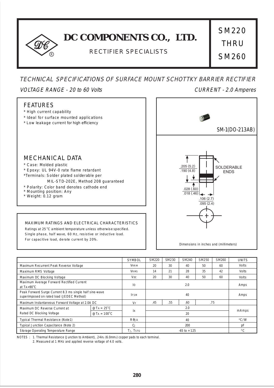 DC COMPONENTS SM240, SM250, SM260, SM220, SM230 Datasheet