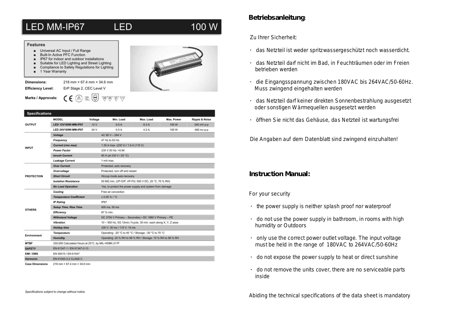 Dehner Elektronik LED MM-IP67 Operating Instructions