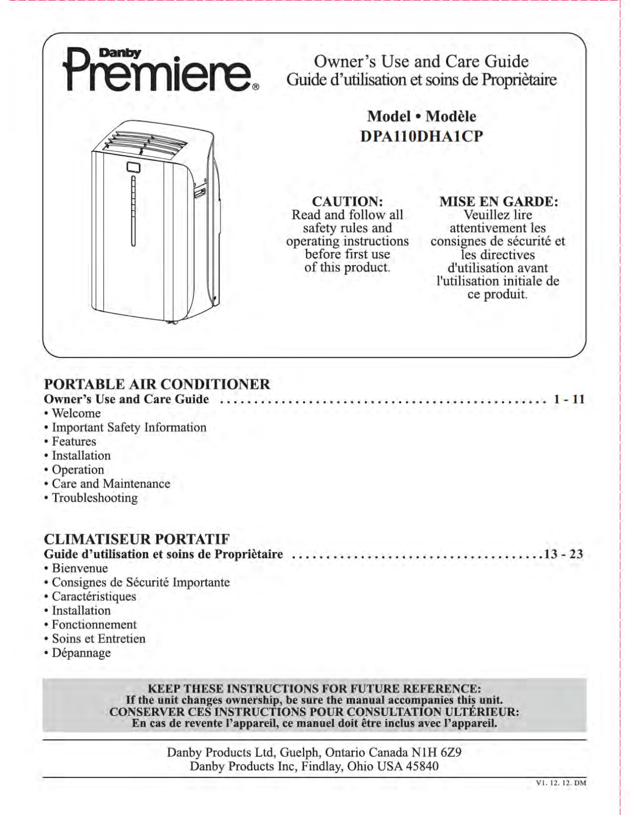 Danby DPA110DHA1CP User Manual