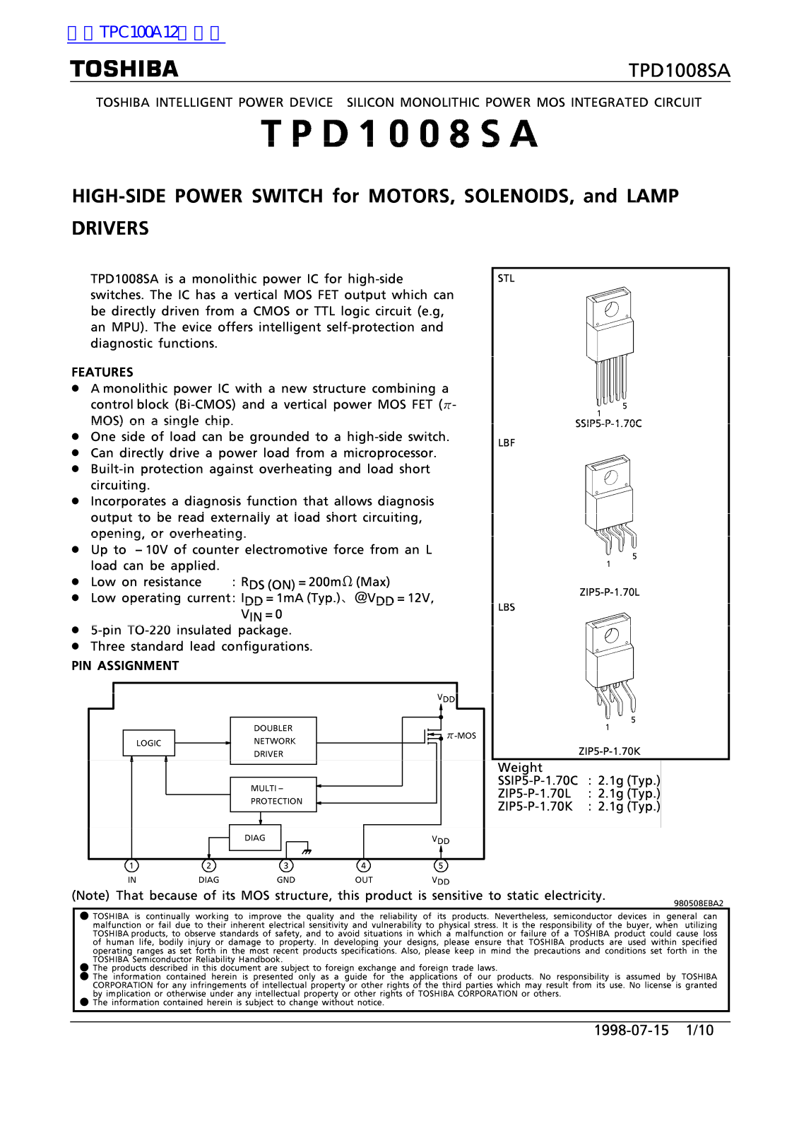 TOSHIBA TPD1008SA Technical data