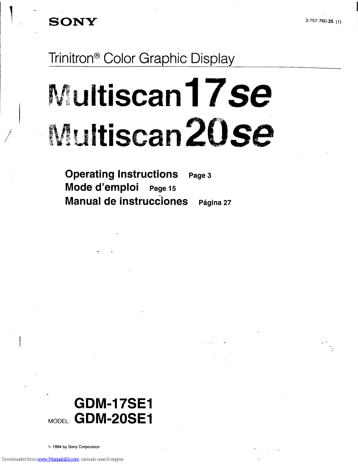 Sony GDM-17SE1/P, GDM-17SE, Trinitron GDM-17SE1, GDM-20SE, Trinitron GDM-20SE1 Operating Instructions Manual