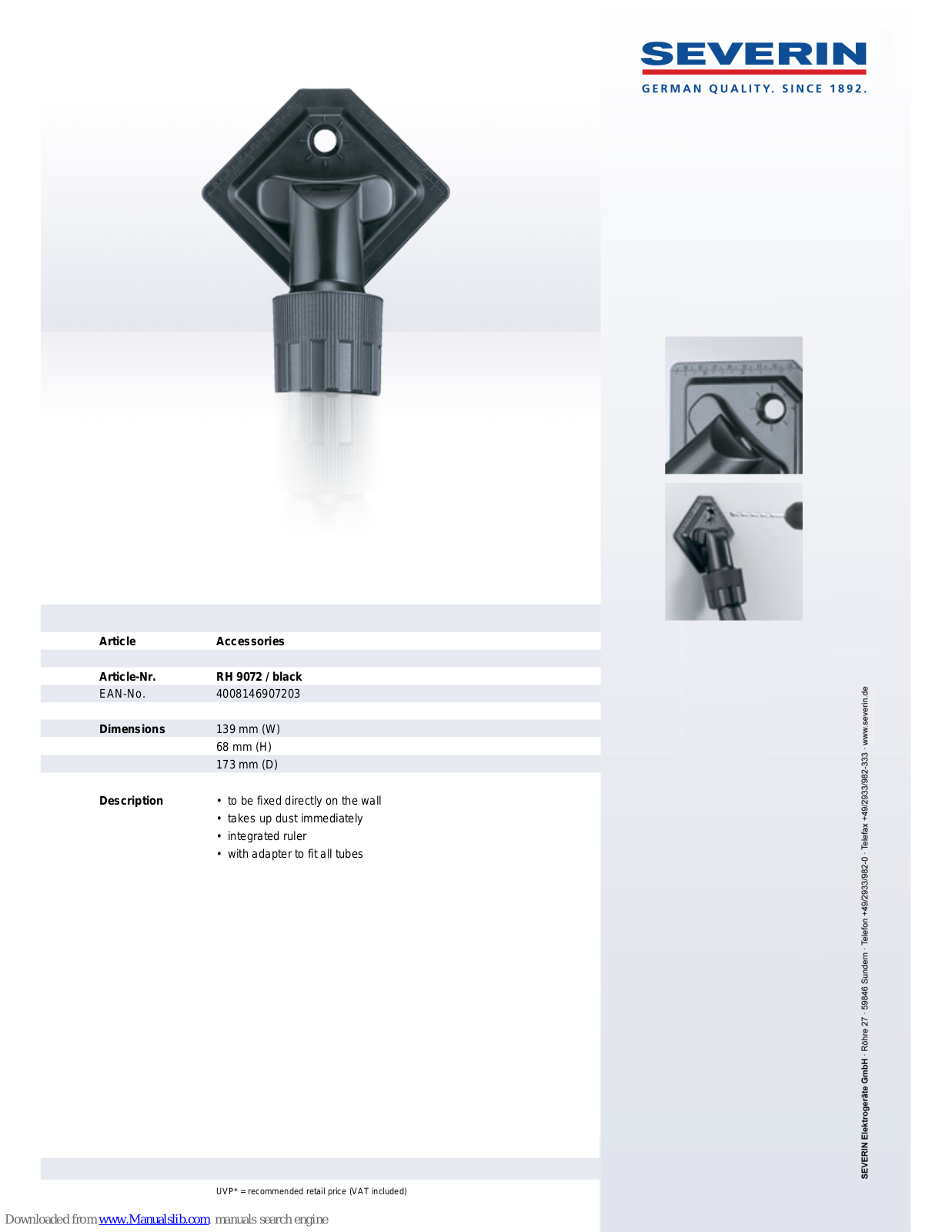 SEVERIN BOHRHILFE RH 9072, RH 9072 Dimensions