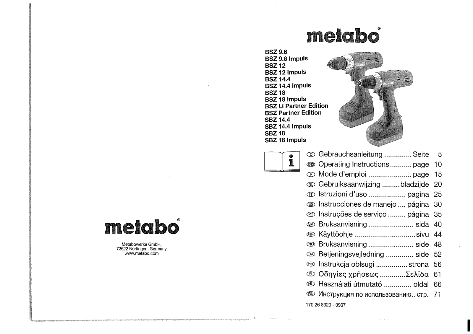 Metabo BSZ 9.6, BSZ 9.6 Impuls, BSZ 12, BSZ 12 Impuls, BSZ 14.4 User guide