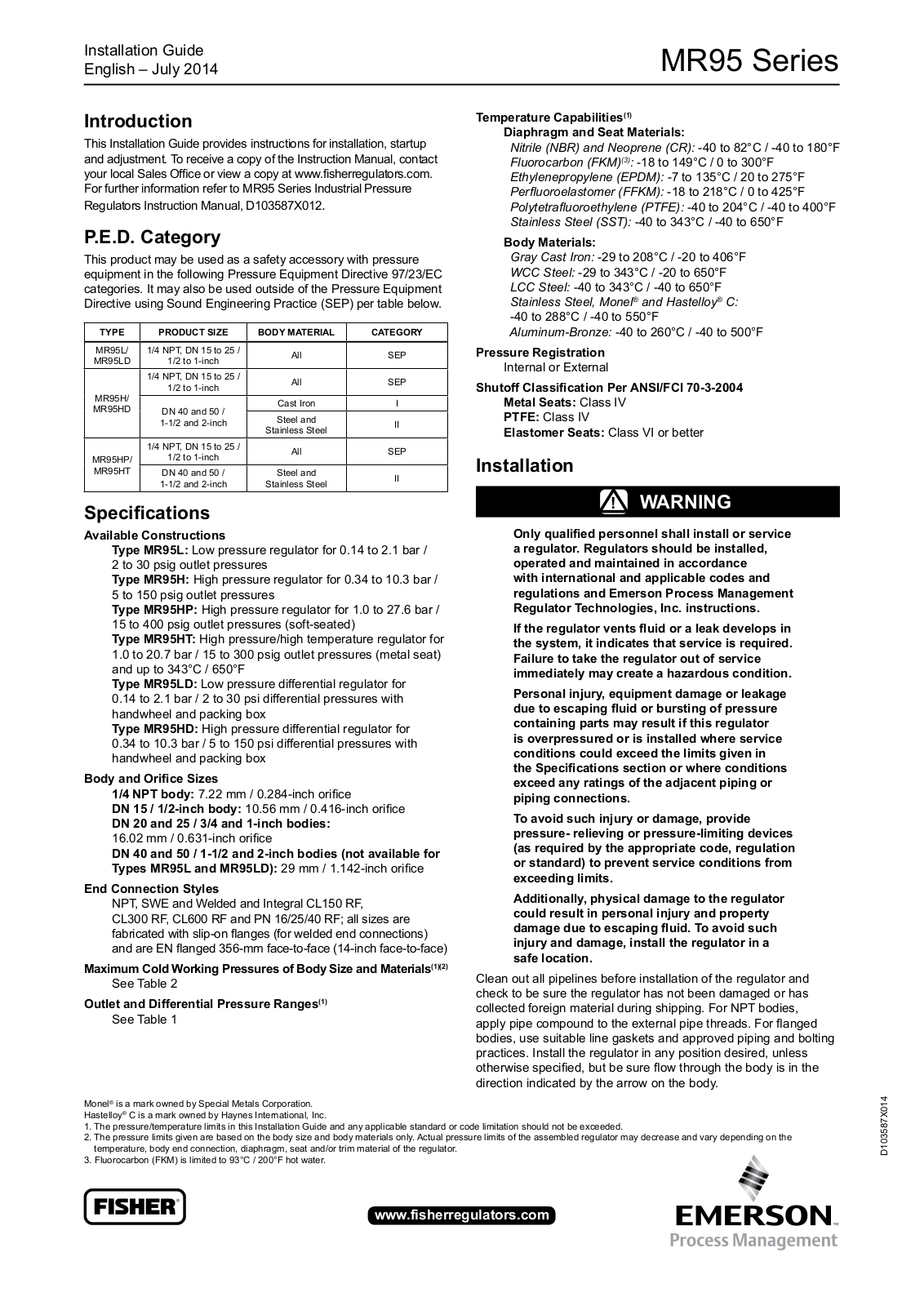 Emerson MR95 Installation Guide