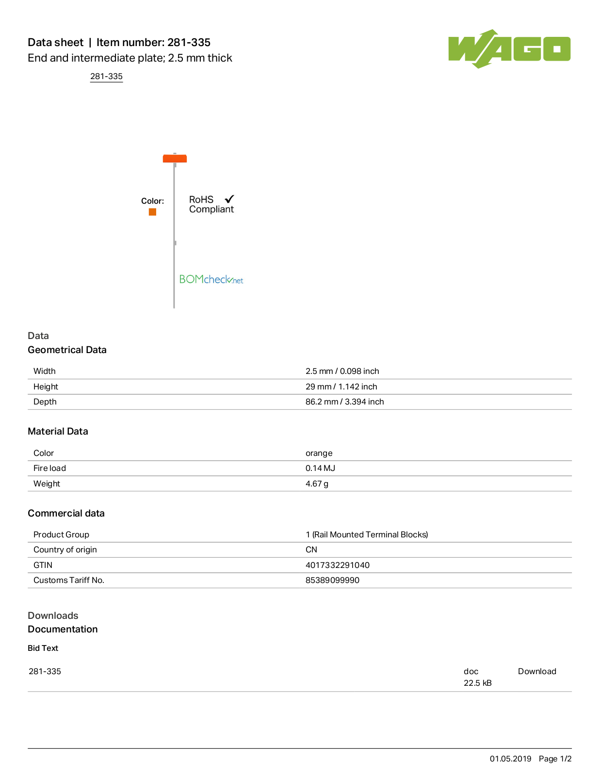 Wago 281-335 Data Sheet