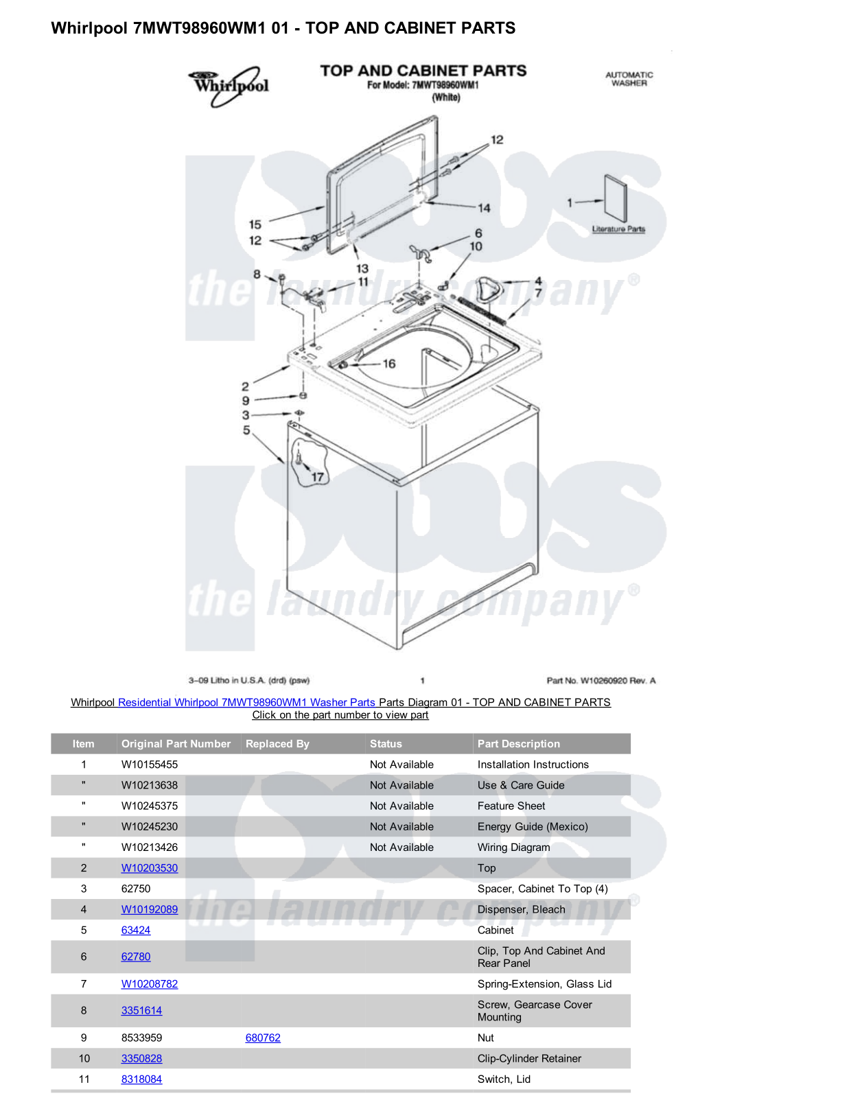 Whirlpool 7MWT98960WM1 Parts Diagram