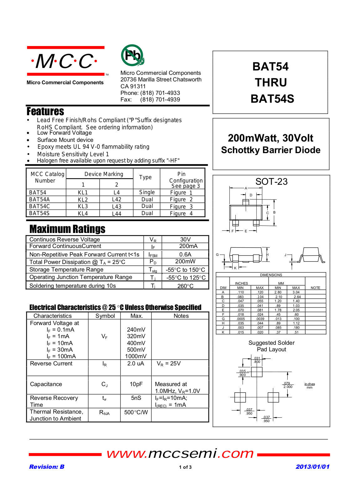 MCC BAT54, BAT54A, BAT54C, BAT54S Schematic