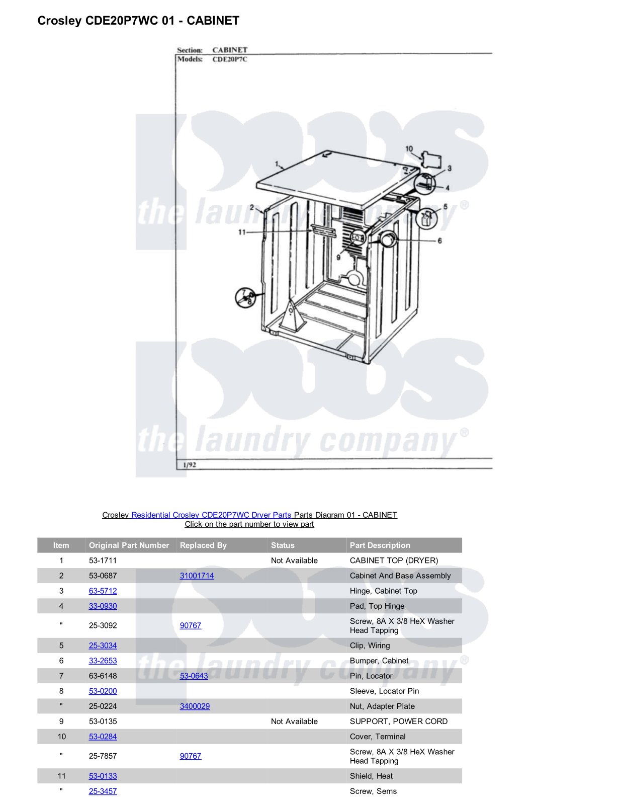 Crosley CDE20P7WC Parts Diagram