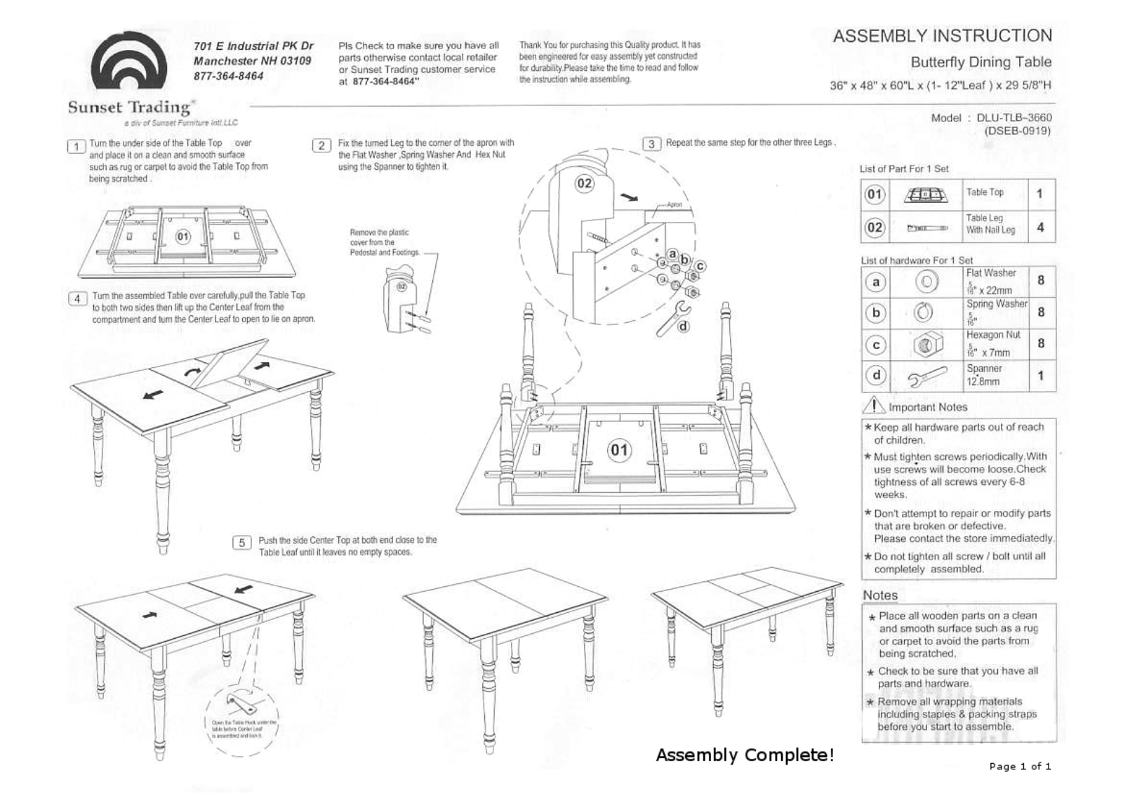Sunset Trading TG10924 w - ManualMachine.com