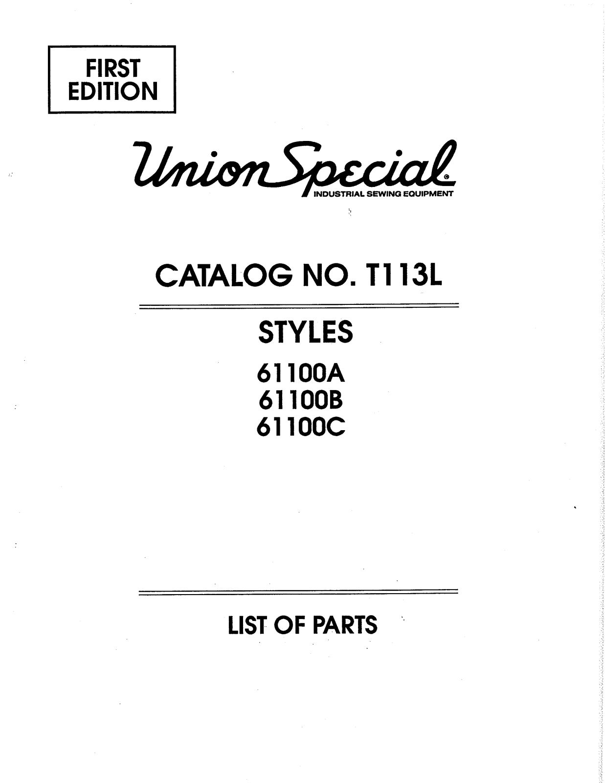 Union Special 61100A, 61100B, 61100C Parts List