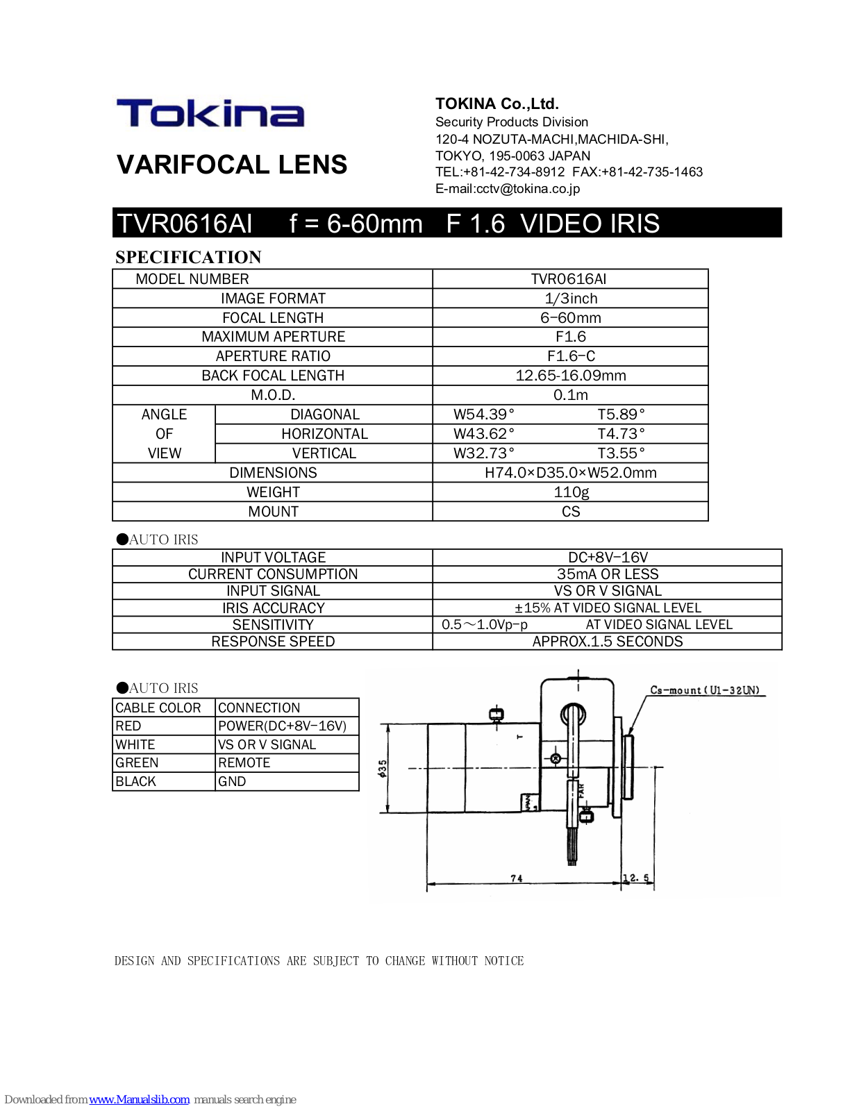 Tokina VARIFOCAL LENS TVR0616AI Specification