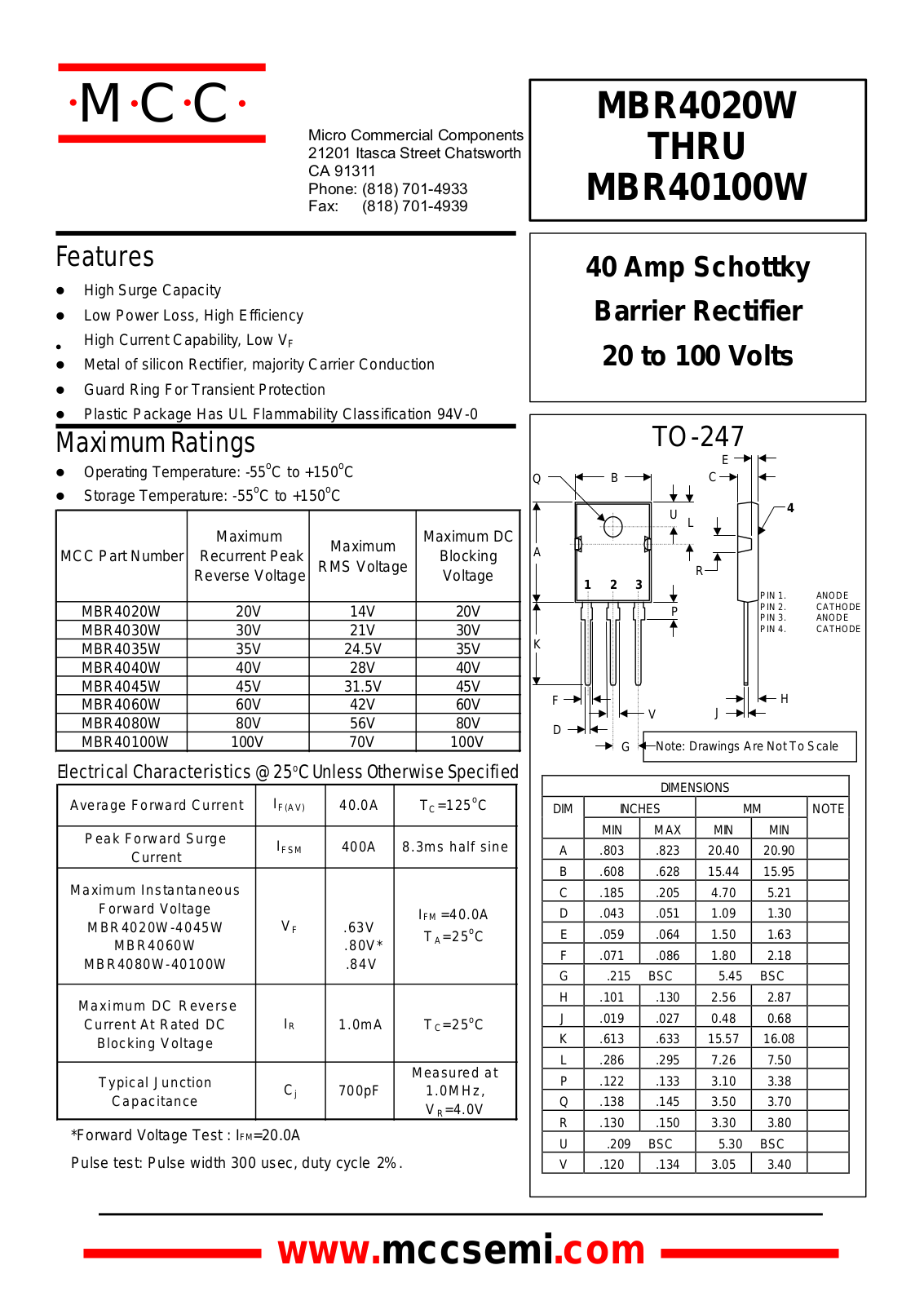 MCC MBR4040W, MBR4030W, MBR4080W, MBR4060W, MBR4020W Datasheet