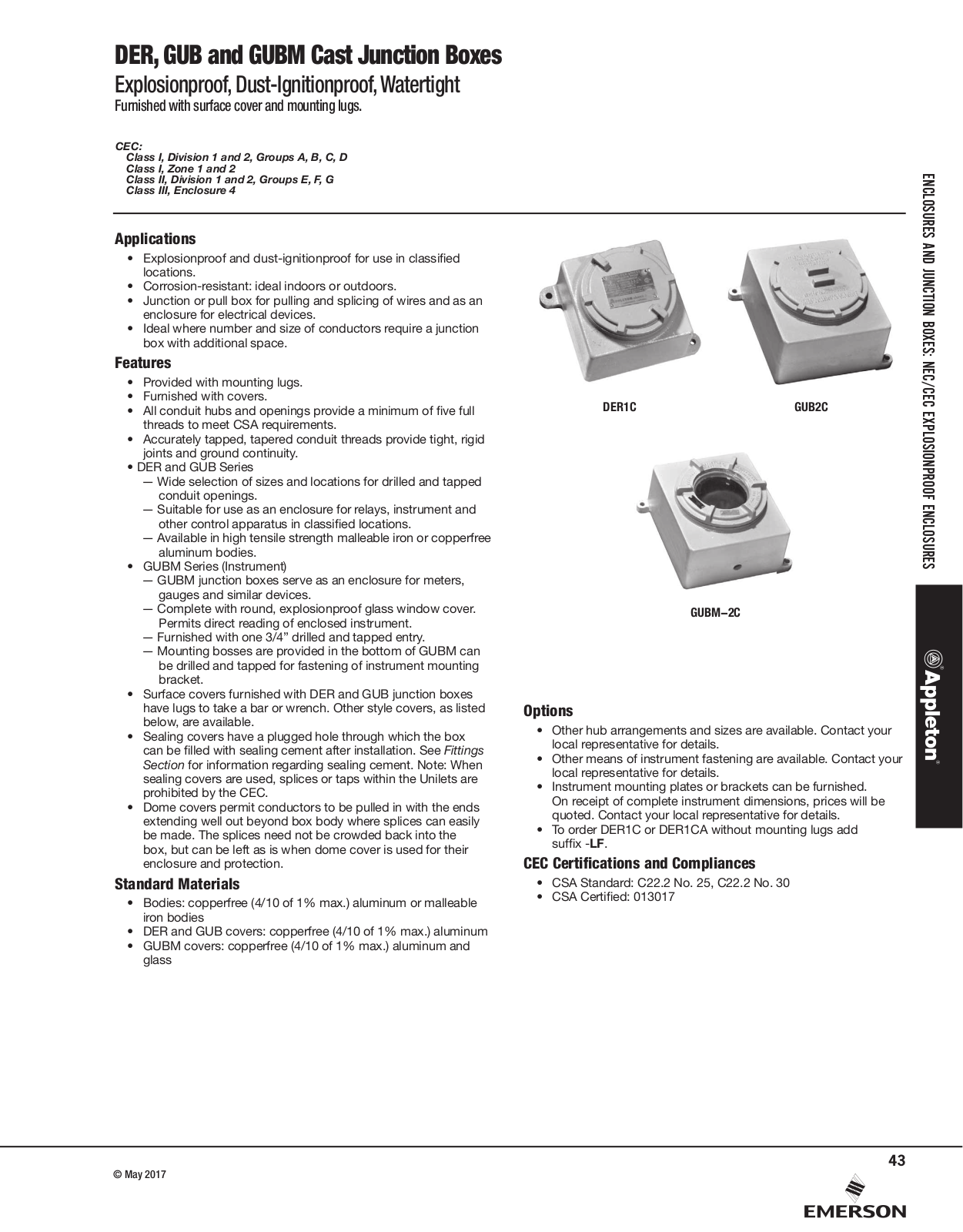 Appleton DER Cast Junction Boxes, GUB Cast Junction Boxes, GUBM Cast Junction Boxes Catalog Page