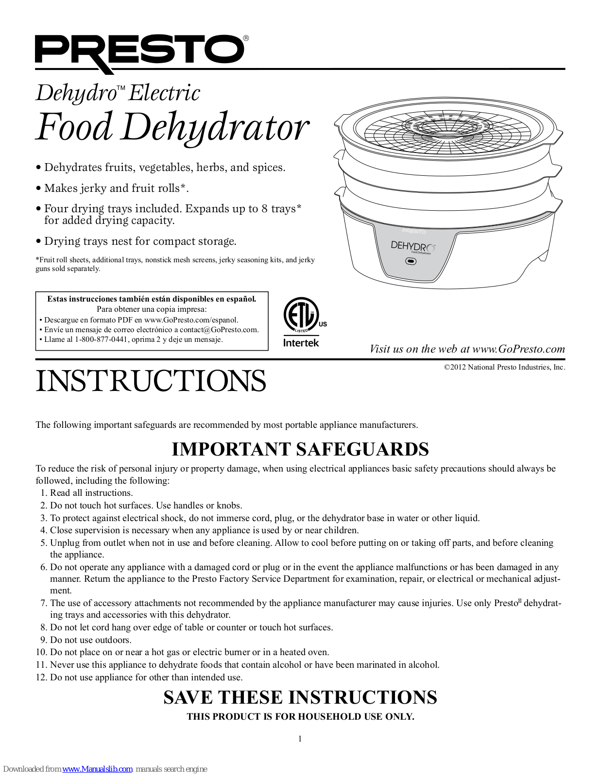 Presto Dehydro Electric Food Dehydrator Instructions Manual