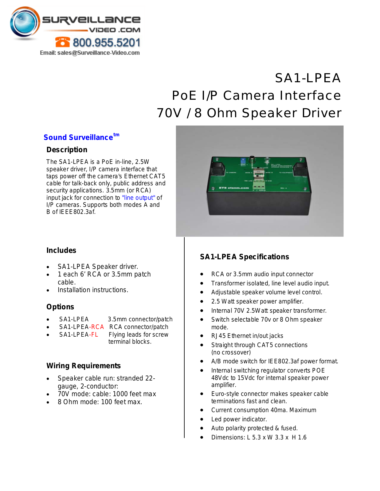 ETS SA1-LPEA Specsheet