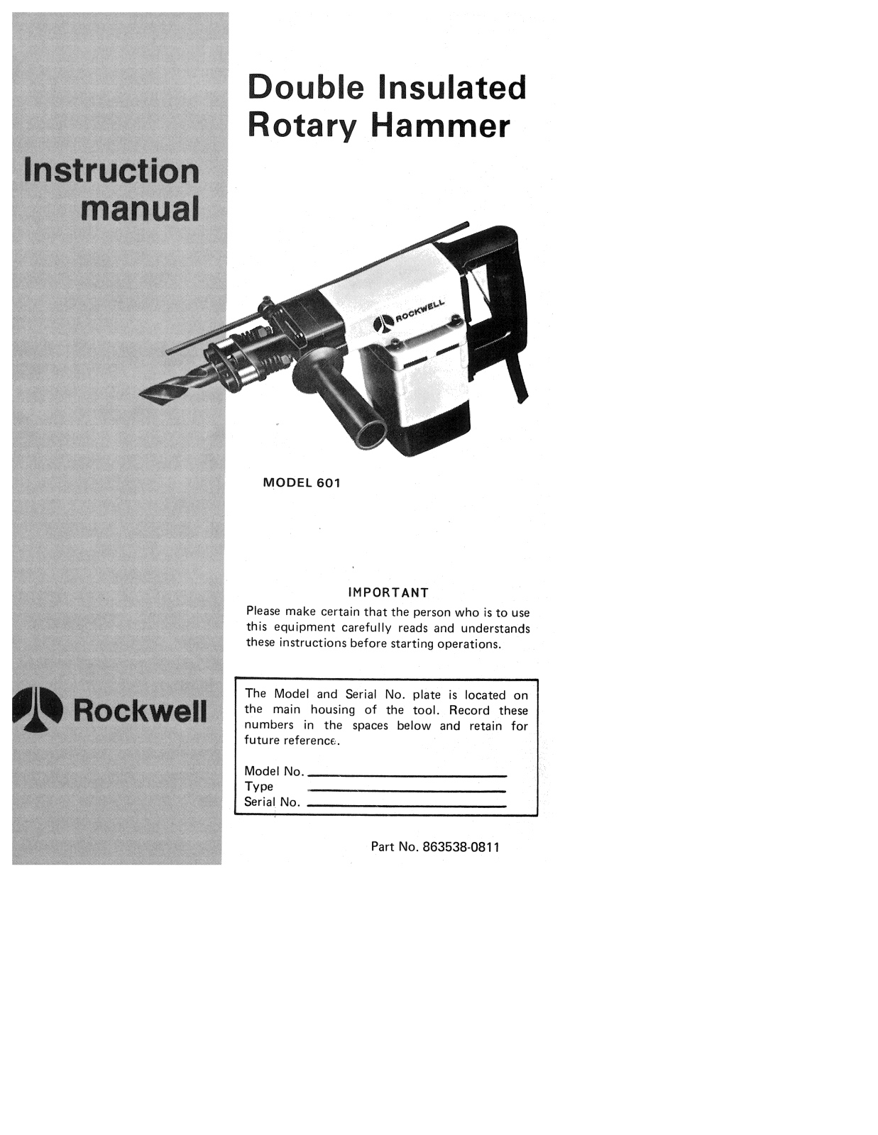 Porter-Cable Rockwell 601, Rockwell 863538-0811 User Manual