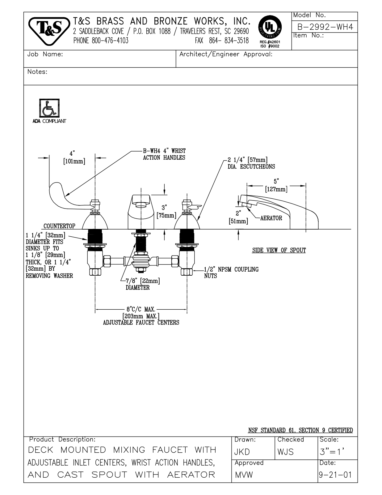 T&S Brass Manuals B-2992-WH4 User Manual