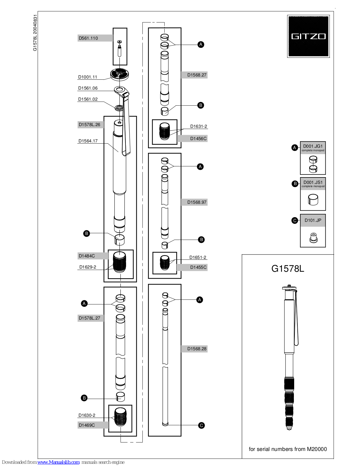 Gitzo MonoTrek Mountaineer Mk2 G1578L G1578L G1578L, Mk2 G1578L G1578L G1578L Parts List