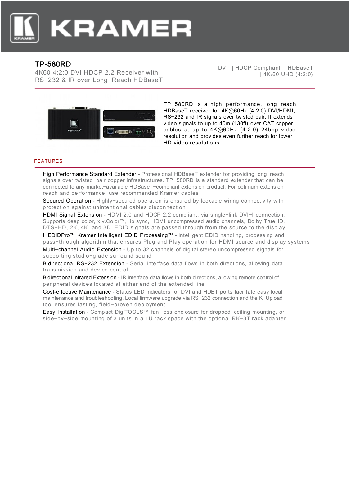 Kramer TP-580RD, TP-580TD Datasheet