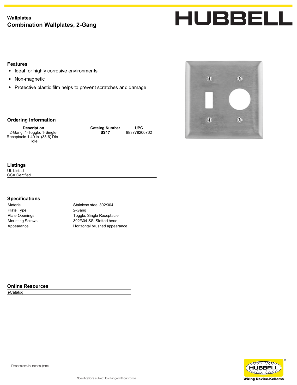 Hubbell SS17 Specifications