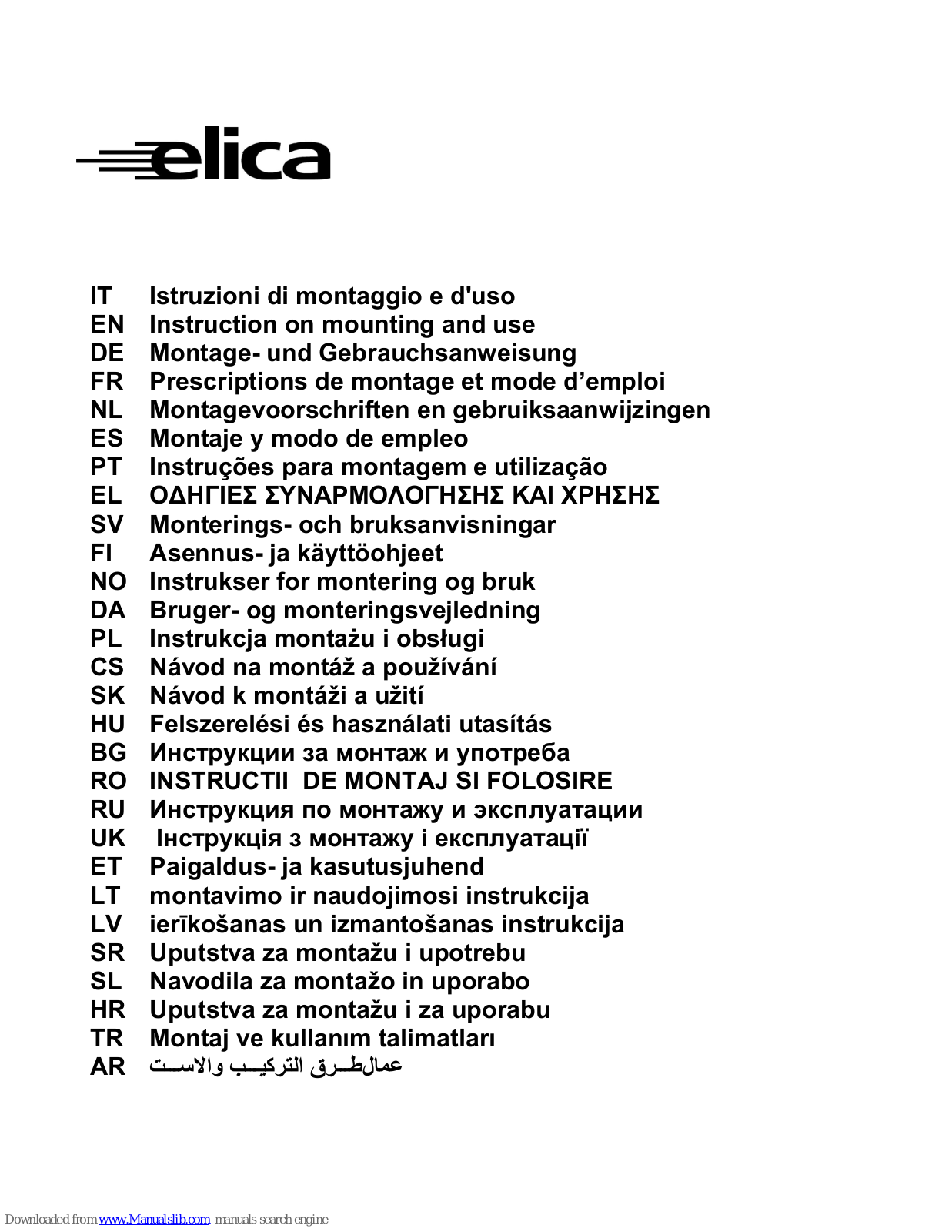 ELICA Belt Lux series Instruction On Mounting And Use Manual