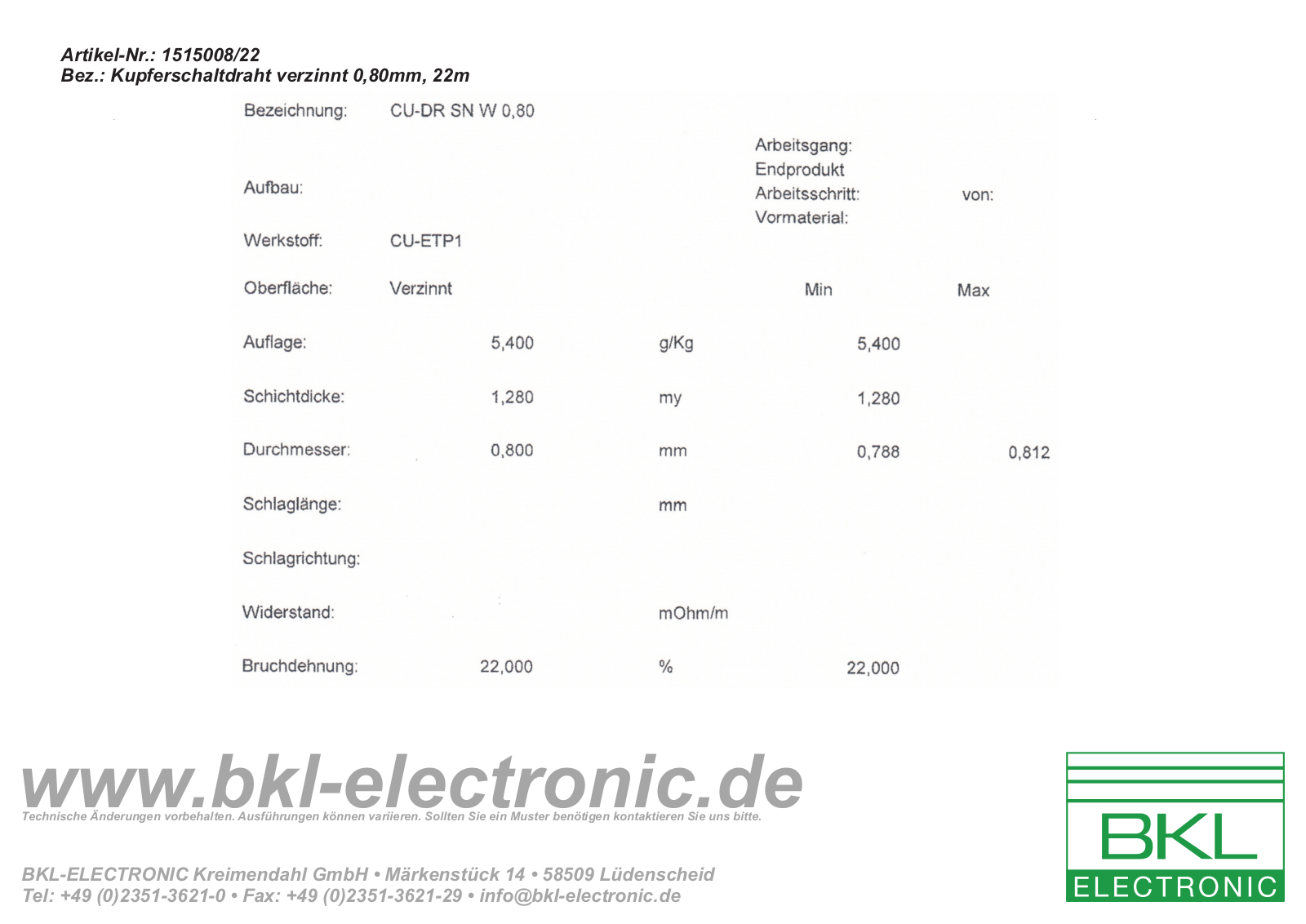 BKL ZINN 0,8-22M Datasheet - ManualMachine.com